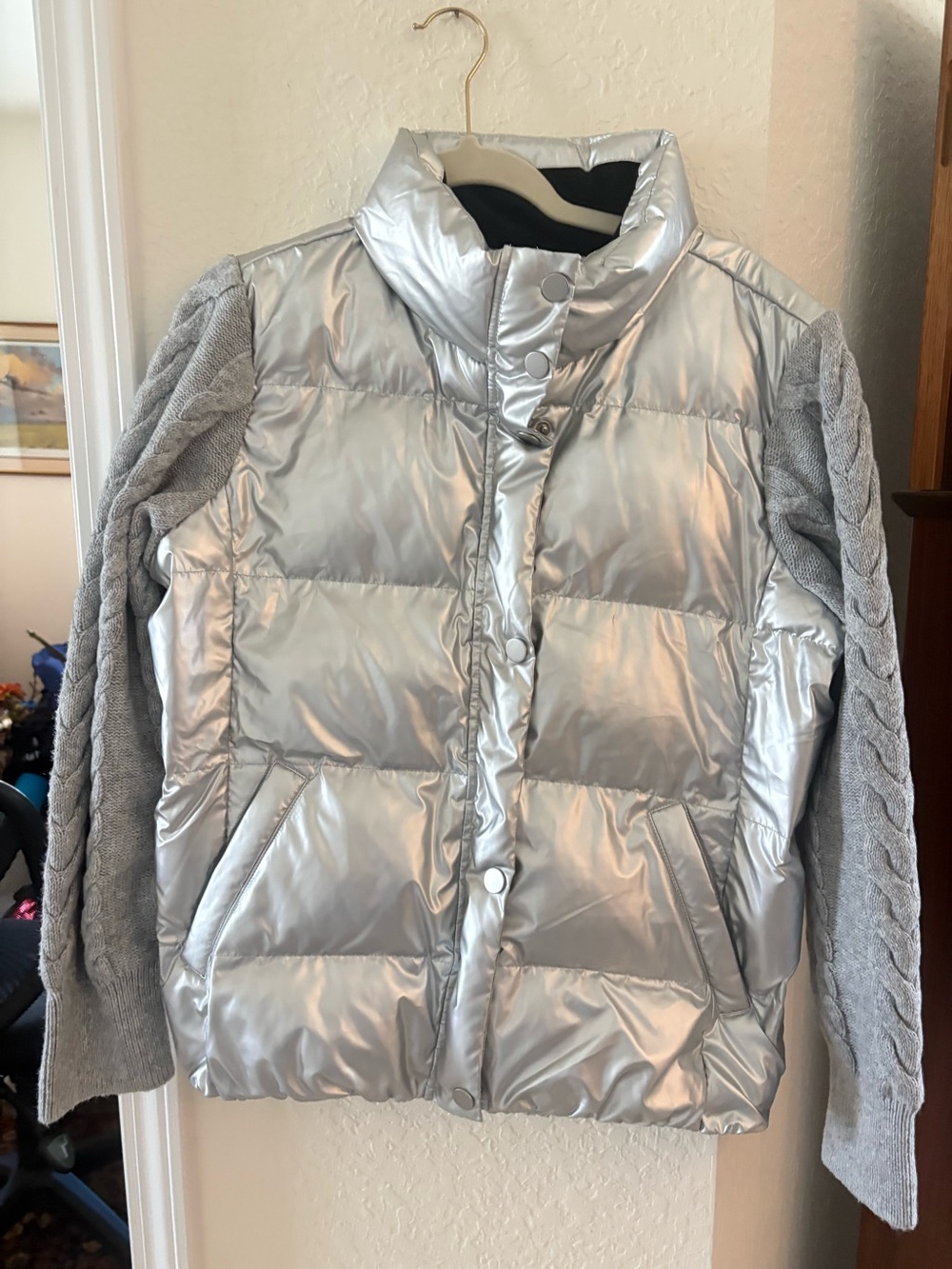 Talbots Silver Metallic Puffer Jacket with Gray Knit Sleeves